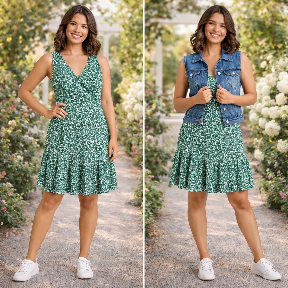 Green Floral Fit & Flare Dress | Sleeveless V-Neck | Spring Summer Casual Chic